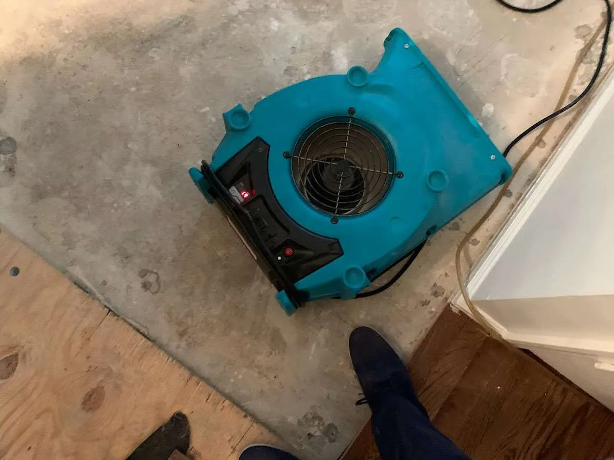 Air mover drying subfloor during Commercial Water Damage Restoration in Macedon